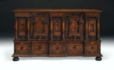 A GERMAN WALNUT, ASH, BIRCH FRUITWOOD AND MARQUETRY CHEST