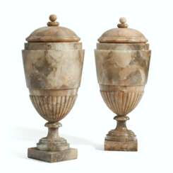 A PAIR OF ITALIAN ALABASTER VASES AND COVERS