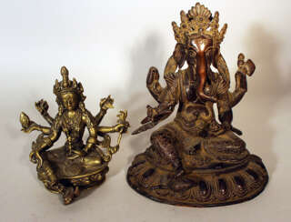 Two Indochinese bronze scupltures of godesses, on integrated bases