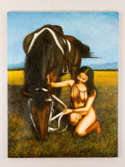 Китайский художник 20 века, голая девушка на лошади в ландшафте
