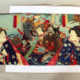 Japanese woodcut including three pages with coloured Geishas and a warrior with horse - фото 1