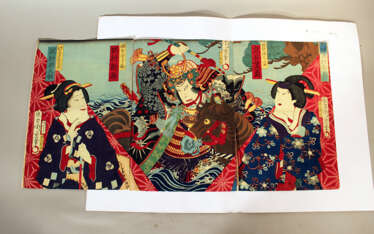 Japanese woodcut including three pages with coloured Geishas and a warrior with horse