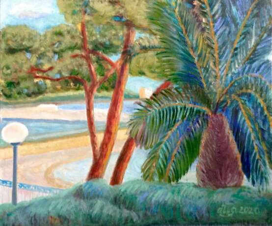 Painting “Palm and pine on the waterfront in Bulle.”, Canvas, Oil paint, Neo-impressionism, Landscape painting, 2020 - photo 1