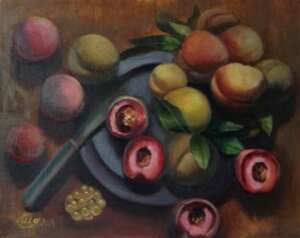 Peaches and plate with knife