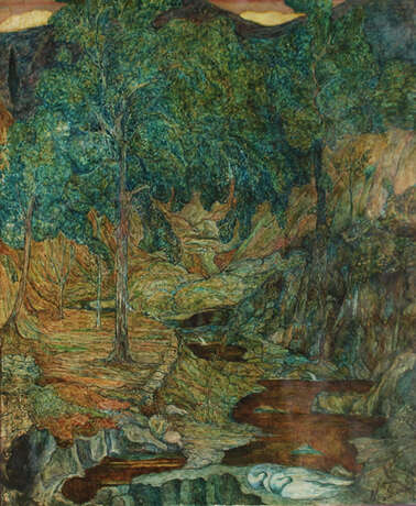 Rudolf Junk (1880-1943)-attributed, Two idyllic landscapes by a river, Indian ink with with tempera on board - Foto 2