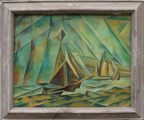 Lyonel Feininger (1871-1956)-manner, Ships on the sea, oil on canvas, described bottom right, framed. 