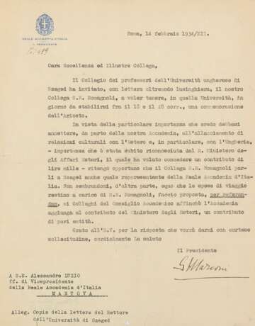 MARCONI Guglielmo (1874-1937) - Lettera dattiloscritta firmata in qualità di Presidente della Reale Accademia d'Italia - фото 1