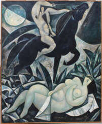 Wladimir Davidovich Baranoff-Rossine (1888–1944)-attributed, Cubistic scene with lying girl, horse rider at moonlight: oil on canvas, monogrammed bottom left