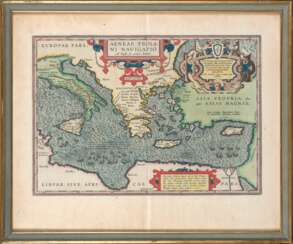 ORTELIUS, Abraham (1527-1598) - Lotto di quattro carte geografiche in cornice con coloritura coeva da un'edizione del XVI secolo della celebre opera Theatrum orbis terrarum