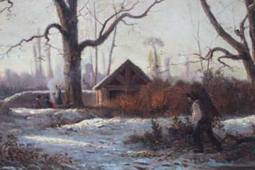 Adolphe Appian (1818-1898), Romantic winter landscape with farmers collecting wood and warming by the fire
