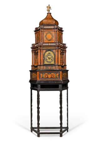 A CENTRAL ITALIAN MARQUETRY, EBONISED, PAINTED WOOD, BURR-WALNUT AND FRUITWOOD STRIKING TABLE CLOCK CABINET WITH ALARM - photo 1