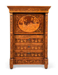 A NORTH ITALIAN BRAZILIAN ROSEWOOD, TULIPWOOD, WALNUT AND MARQUETRY SECRETAIRE-A-ABBATANT