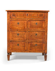 A NORTH ITALIAN WALNUT, INDIAN ROSEWOOD AND FRUITWOOD COMMODE