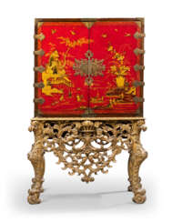 AN ENGLISH BRASS-MOUNTED SCARLET AND GILT-JAPANNED CABINET ON A GILTWOOD STAND