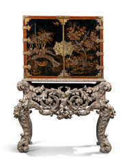 A WILLIAM AND MARY BRASS-MOUNTED BLACK, GILT AND POLYCHROME-JAPANNED CABINET ON A SILVERED STAND