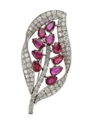 TRIO RUBY AND DIAMOND BROOCH WITH GIA REPORT