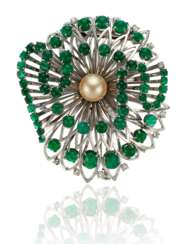 EMERALD, DIAMOND AND PEARL BROOCH MOUNTED BY BOUCHERON