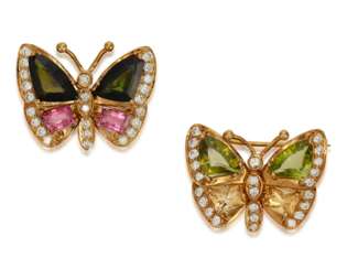 PAIR OF DIAMOND AND MULTI-GEM BUTTERFLY BROOCHES