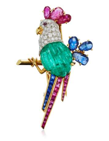 MULTI-GEM AND DIAMOND ROOSTER BROOCH - photo 1