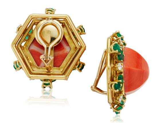 CORAL, EMERALD AND DIAMOND EARRINGS - Foto 2