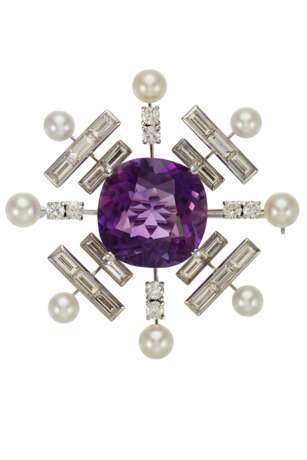 AMETHYST, DIAMOND AND CULTURED PEARL BROOCH - photo 1