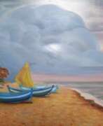 Алла Сенаторова (р. 1964). Лодки на песчаный берег и облака в небе.