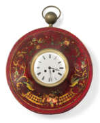 Horloge murale. A FRENCH SCARLET, POLYCHROME AND GILT TOLE PEINTE STRIKING WALL CLOCK
