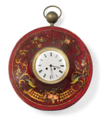 A FRENCH SCARLET, POLYCHROME AND GILT TOLE PEINTE STRIKING WALL CLOCK