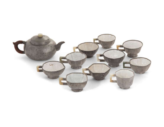 A CHINESE PEWTER-ENCASED YIXING TEAPOT AND TEN PEWTER-ENCASED AND ENAMELLED YIXING CUPS - photo 2