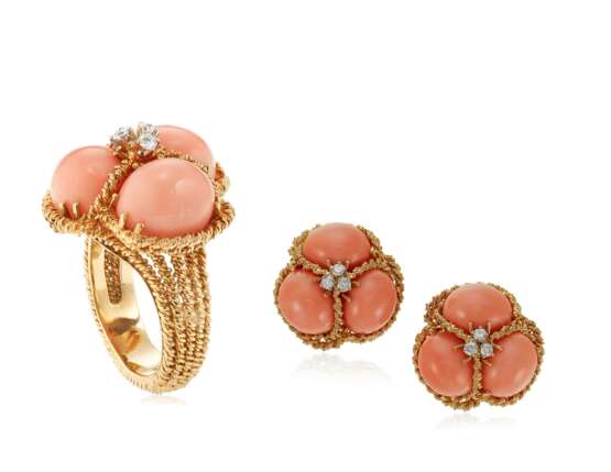 CORAL AND DIAMOND RING AND EARRINGS - Foto 1
