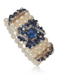 CULTURED PEARL, SAPPHIRE AND DIAMOND BRACELET