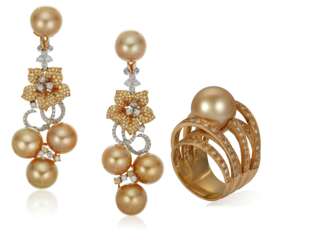 DIAMOND AND CULTURED PEARL EARRINGS AND RING