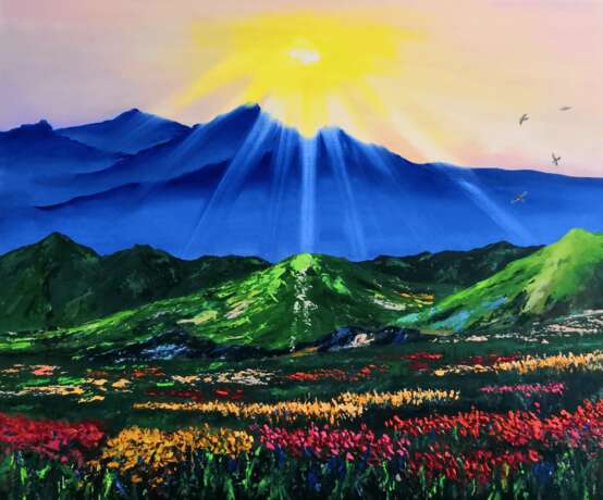 Peinture, Peinture design «Soleil dans les montagnes», Toile, Peinture à l'huile, Impressionnisme, Peinture de paysage, 2020 - photo 1