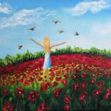 Peinture «Petite Fille de l'Art dans le champ de Couleur de peinture Pigeon peinture Bleu ciel horizons domaine floral fleur rouge peinture», Toile, Peinture à l'huile, Impressionnisme, Peinture de paysage, 2018 - photo 1