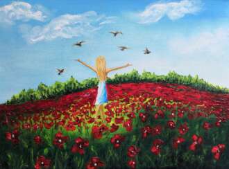 Маленькая девочка искусства живописи цветовых полей живопись Голубь в синем небе горизонт цветочные поля живопись красный цветок 