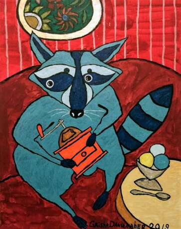 Design Painting “Blue raccoon with an orange grinder.”, Canvas, Acrylic paint, Contemporary art, 2019 - photo 1