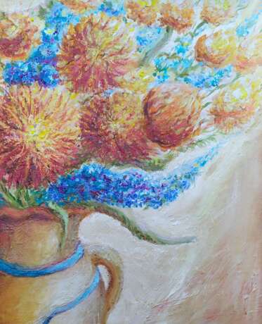 Design Painting “Sunny flowers green flowers”, Cardboard, Oil paint, Impressionist, Still life, 2013 - photo 2