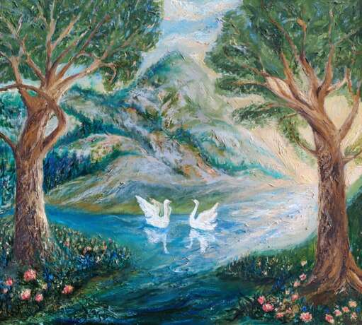 "Лебединая песня" -"Song of swans" Canvas Oil paint Impressionism Landscape painting 2014 - photo 1