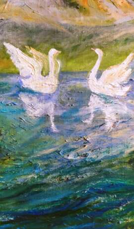 "Лебединая песня" -"Song of swans" Canvas Oil paint Impressionism Landscape painting 2014 - photo 4