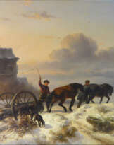 Wouterus Verschuur, Pferde - Zweispänner beim winterlichen Holztransport am holländischen Meeresstrand