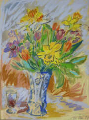 Veit Relin, Gartenblumen in blauer Glasvase 