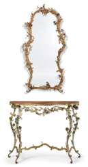 PAIR OF FRENCH POLYCHROME, PARCEL-GILT WROUGHT-IRON CONSOLES AND MIRRORS