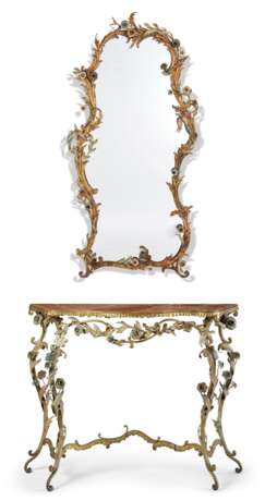 PAIR OF FRENCH POLYCHROME, PARCEL-GILT WROUGHT-IRON CONSOLES AND MIRRORS - photo 1