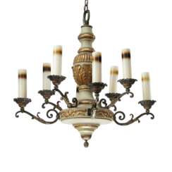 NORTH EUROPEAN GREEN-PAINTED, PARCEL-GILT AND WROUGHT-IRON EIGHT-LIGHT CHANDELIER