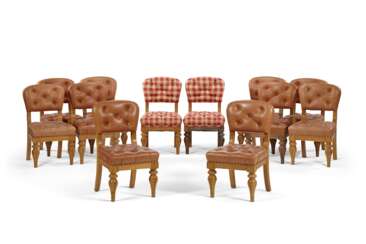 TWELVE ENGLISH OAK BUTTON-TUFTED DINING CHAIRS