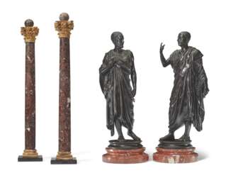 PAIR OF ITALIAN GILTWOOD AND MARBLE COLUMNS AND PAIR OF ITALIAN BRONZE FIGURES OF EMPERORS