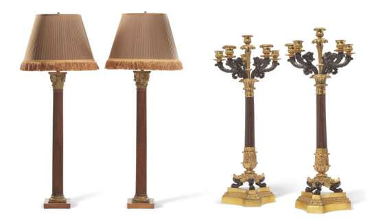 PAIR OF PARCEL-GILT MAHOGANY COLUMNUAR-FORM TABLE LAMPS AND PAIR OF OROMOLU-MOUNTED MARBLE SIX-LIGHT CANDELABRA - фото 1