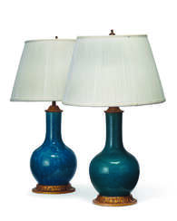 PAIR OF CHINESE TURQUOISE-GLAZED BOTTLE VASES MOUNTED AS LAMPS