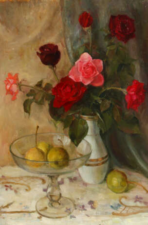 Tafelstillleben mit Rosen und Obstschale - фото 1