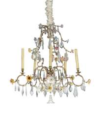 A CONTINENTAL SILVERED AND CUT-GLASS AND PORCELAIN FIVE-LIGHT CHANDELIER
